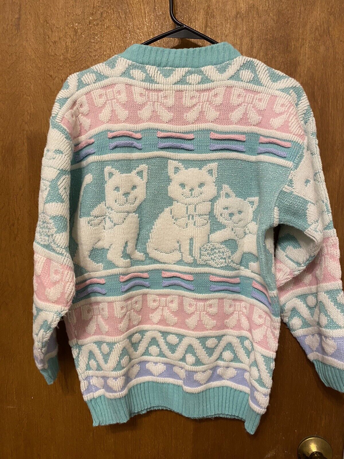 Vtg Teal Rose Kitty 80s pastel Sweater Kawaii - image 4