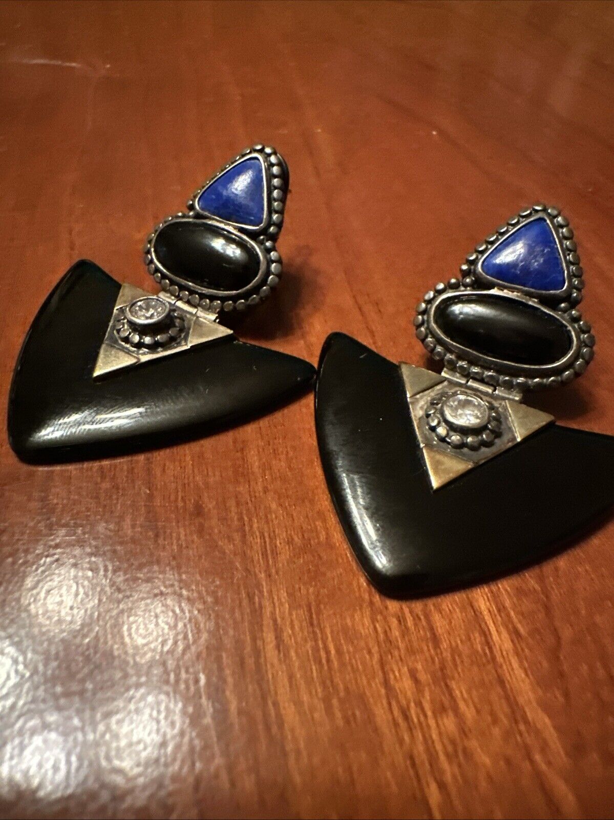 Vintage Estate Sterling Silver Lapis and Onyx Ear… - image 7