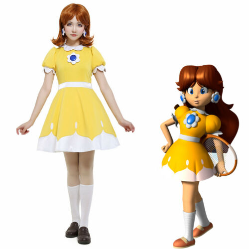 Women's Princess Daisy Tennis Cosplay Costume Dress Set with Earrings ...