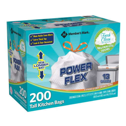 Member's Mark Power Flex Tall Kitchen Drawstring Trash Bags (13 Gallon ...