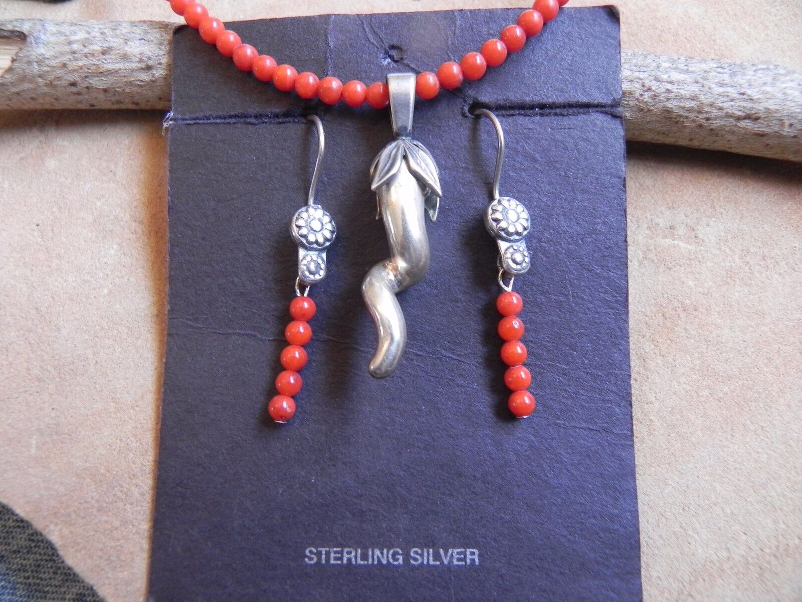 Red Coral Necklace w Sterling Silver CHILI PEPPER… - image 2