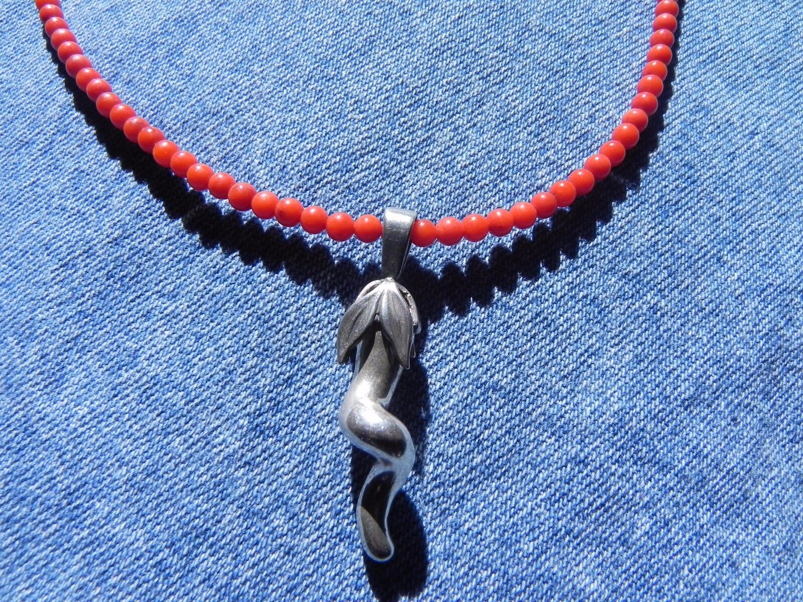 Red Coral Necklace w Sterling Silver CHILI PEPPER… - image 3