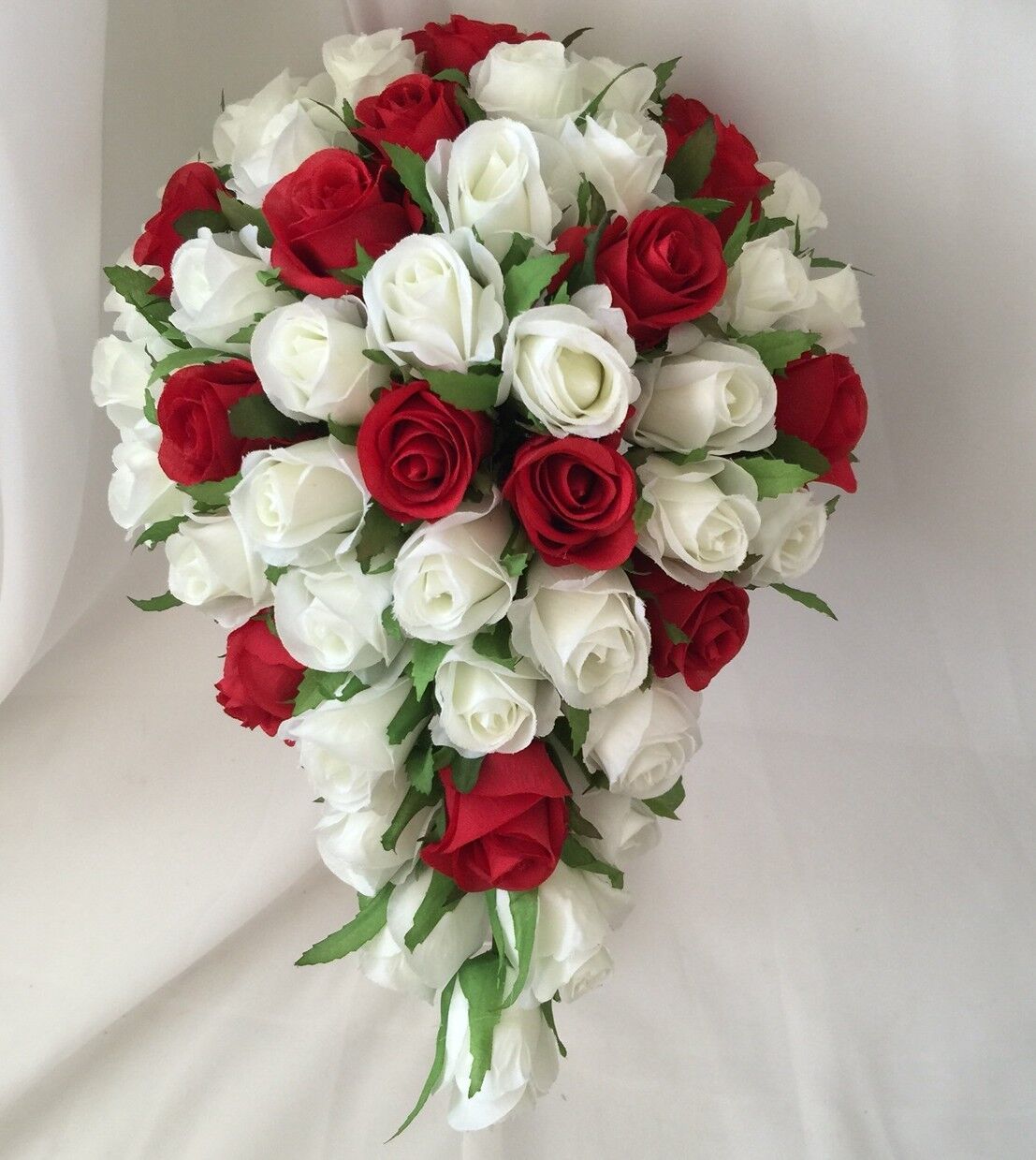 Silk Wedding Bouquet Red White Rose Bud Roses Teardrop Artificial Flowers  Flower | Ebay