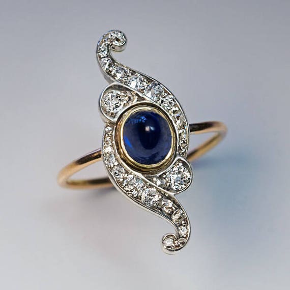 Belle Epoque Antique Cabochon Sapphire Diamond Sc… - image 3