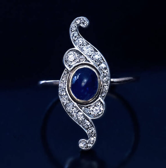 Belle Epoque Antique Cabochon Sapphire Diamond Sc… - image 1