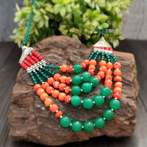 Coral Beaded Necklace,Green Jade Necklace,Green B… - image 1