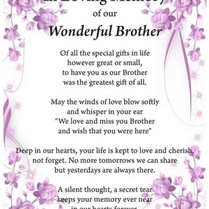 Brother in Loving Memory Print, Funeral Poem, Missing You, Bereavement ...