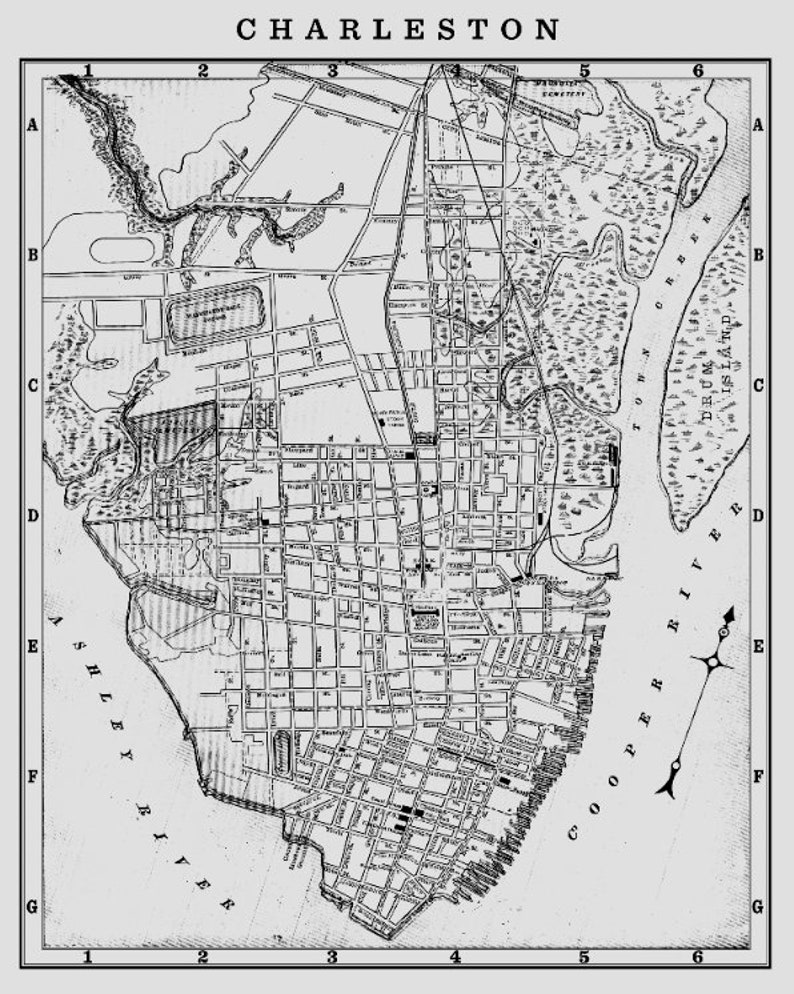 CHARLESTON Street Map Vintage Charleston USA Wall Map | Etsy