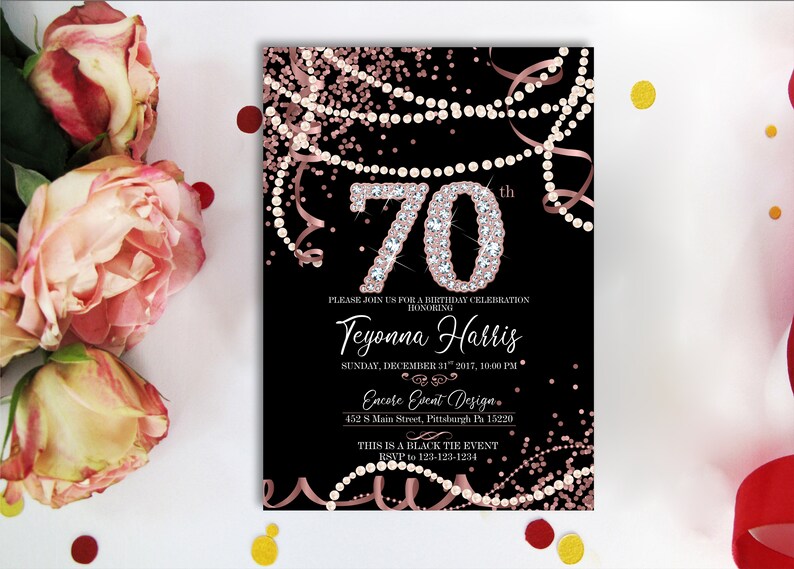 Pearls Rose Gold Diamonds 70th BIRTHDAY INVITATION Black and - Etsy