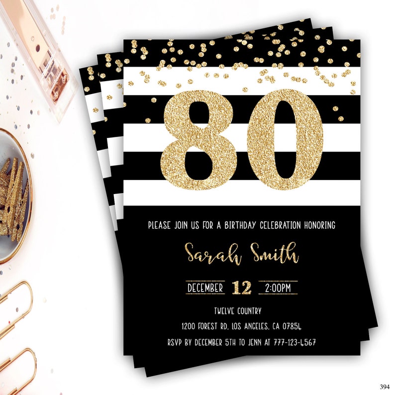 80th birthday invitations adult birthday invitations gold and | Etsy