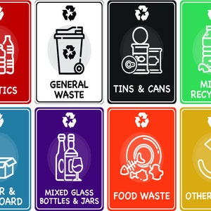 Mixed Set of Recycling Bin Sign Sticker Labels Full Set of 8 Self ...