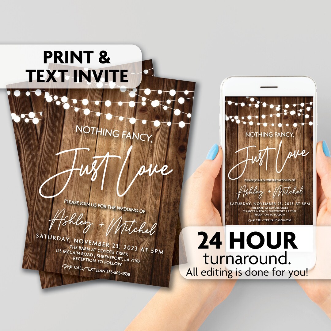 Nothing Fancy, Just Love Wedding Invitations Rustic String Lights Print ...