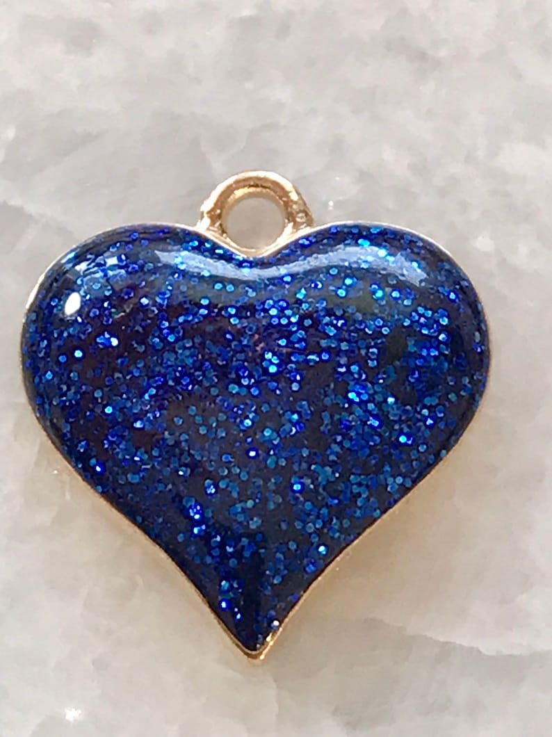 3 shiny blue glitter heart charms gold tone | Etsy