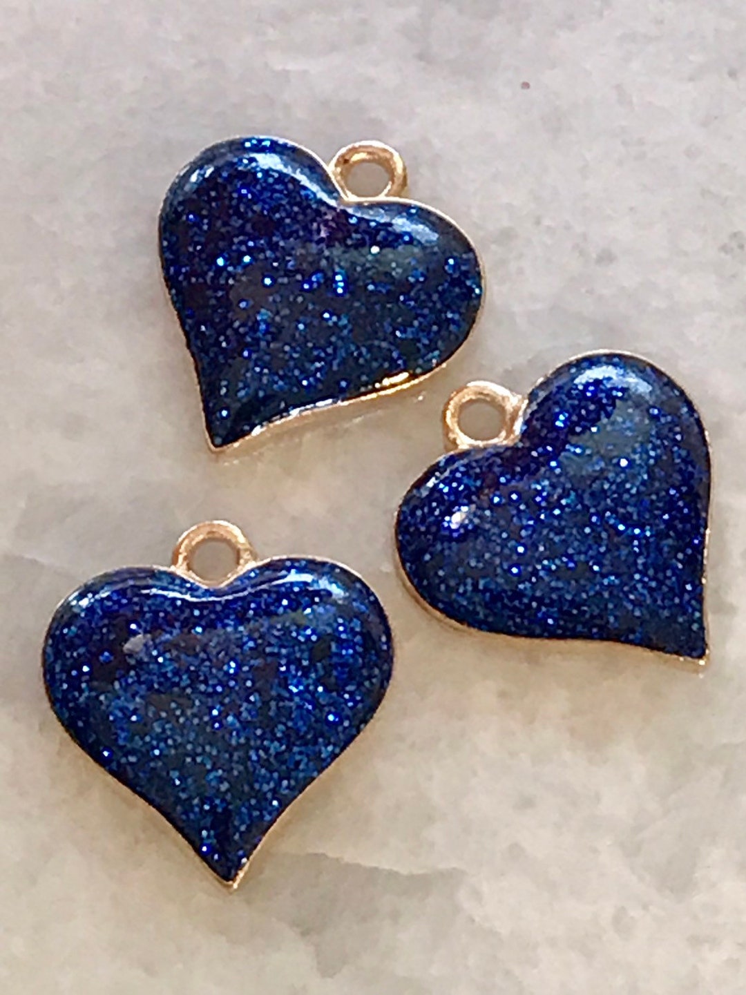 3 Shiny Blue Glitter Heart Charms Gold Tone - Etsy