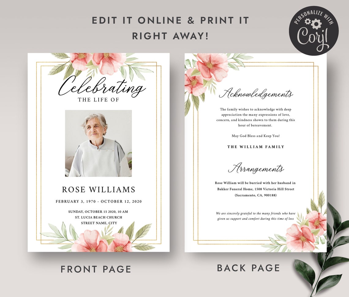 Funeral Program Template Floral Memorial Program Editable - Etsy