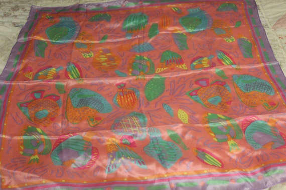 Ken Done Pastel Fish Print 100 %  Silk Scarf 28” … - image 1