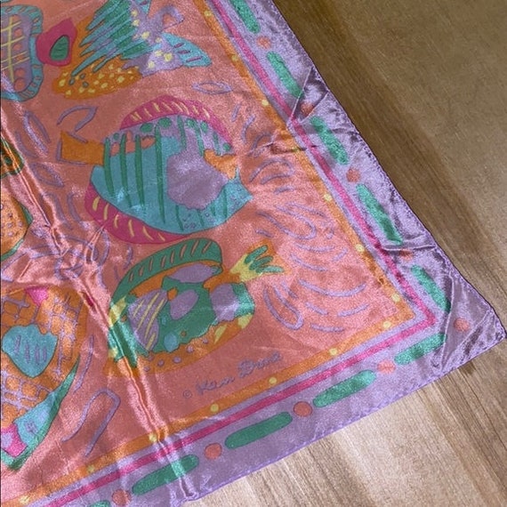 Ken Done Pastel Fish Print 100 %  Silk Scarf 28” … - image 2