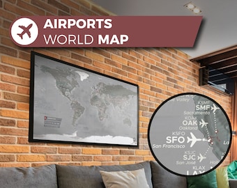 Airport World Map, a unique and customised map with 700+ major airports in the World.