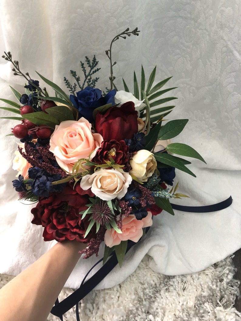 Wedding Bouquet Burgundy Navy Blue Red Peony Eucalyptus image 1