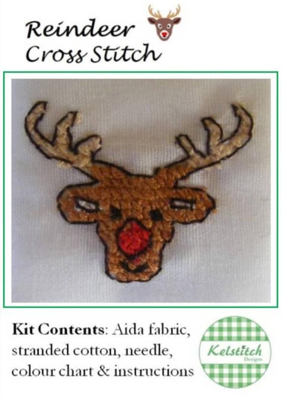 Cross stitch kit - Reindeer cross stitch kit -  kids cross stitch kit - DIY beginners cross stitch kit - Christmas - paper free version