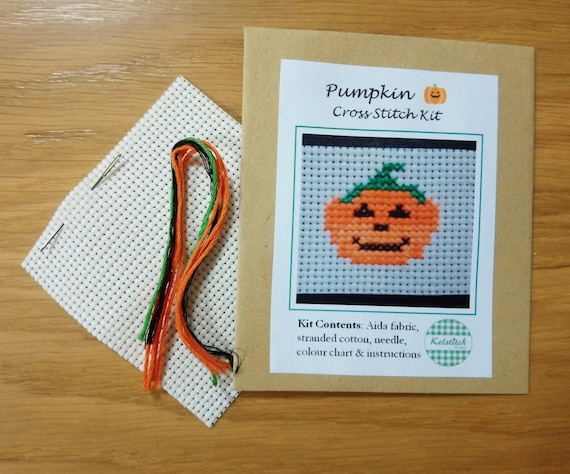 Cross stitch kit - Pumpkin cross stitch kit -  kids cross stitch kit - DIY beginners cross stitch kit - paper free version