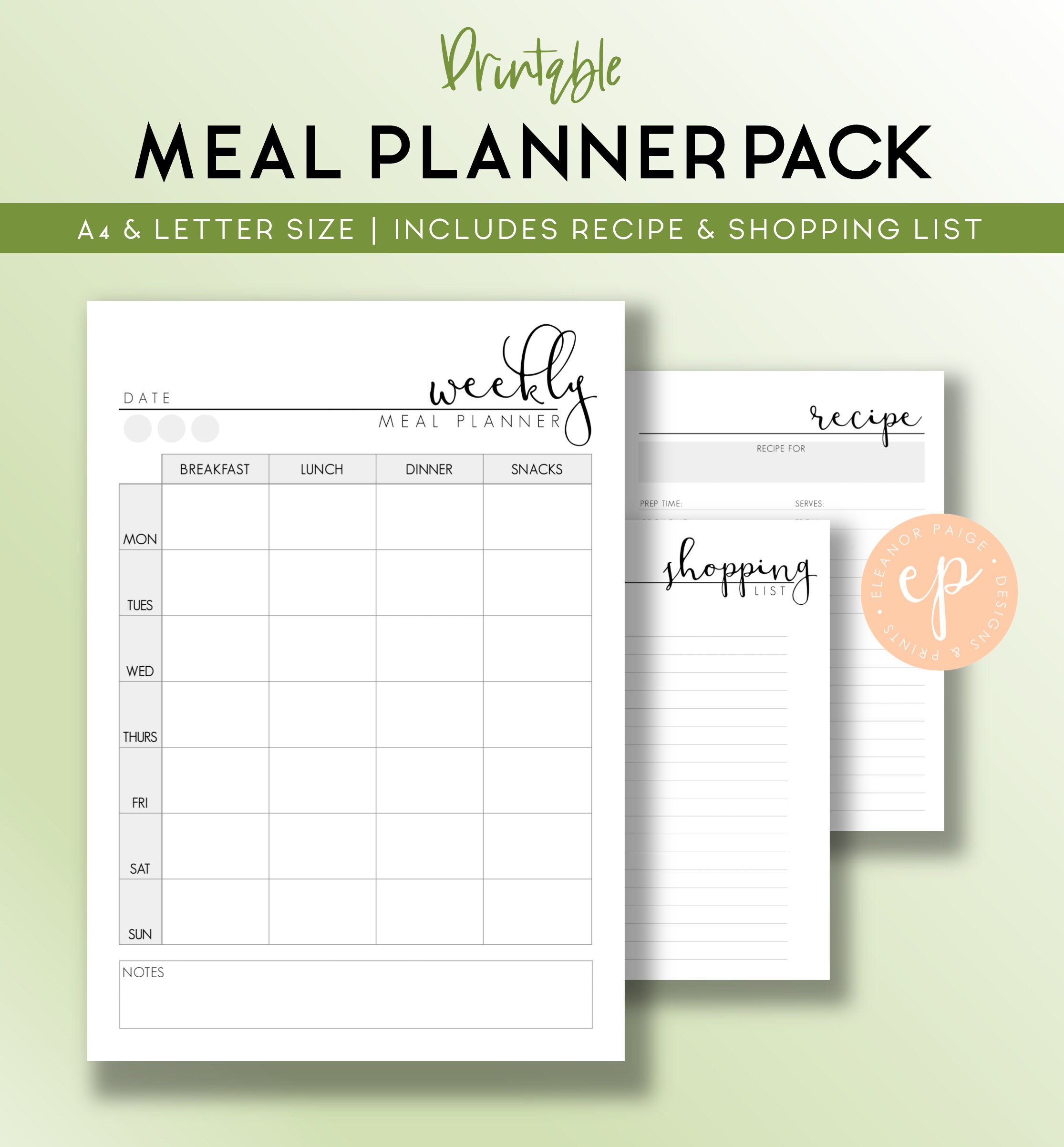 Meal Planner Printable Pack Recipe Card Template Weekly | Etsy