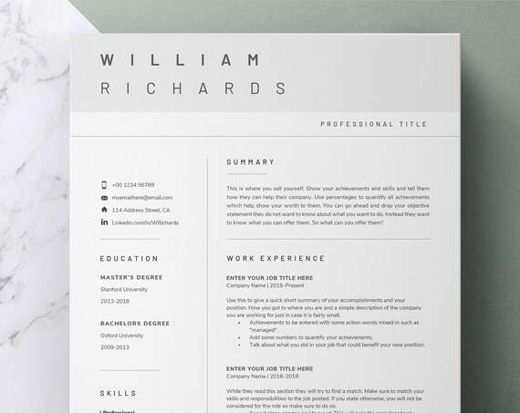 Resume Template CV Template Professional Resume Template | Etsy