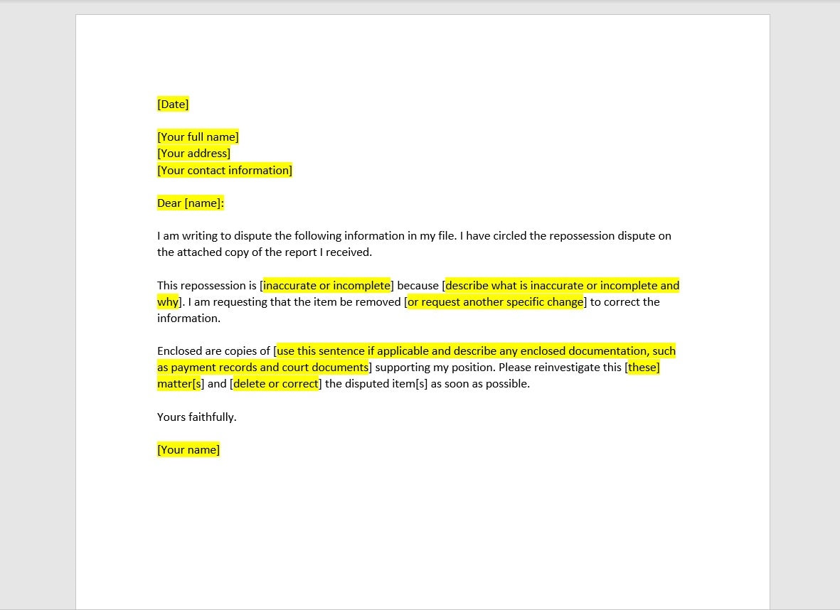 Repossession Dispute Letter Template, Dispute Letter Letter, Dispute ...