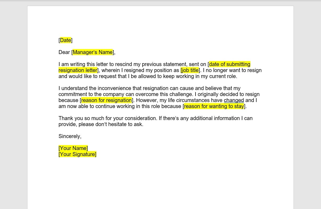 Resignation Rescind Letter Template, Rescind Resignation Letter ...