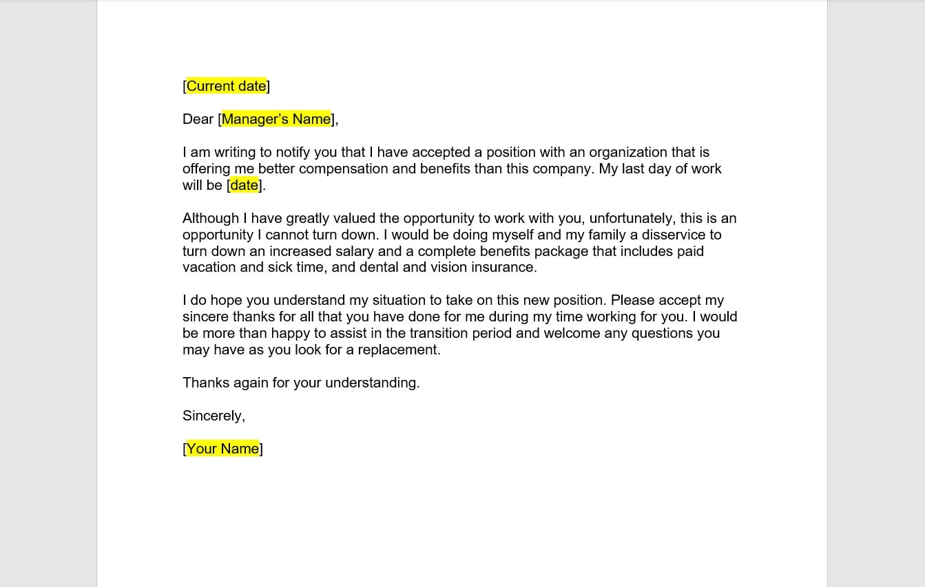 Better Pay Resignation Letter Template, Resignation Letter, Resignation ...