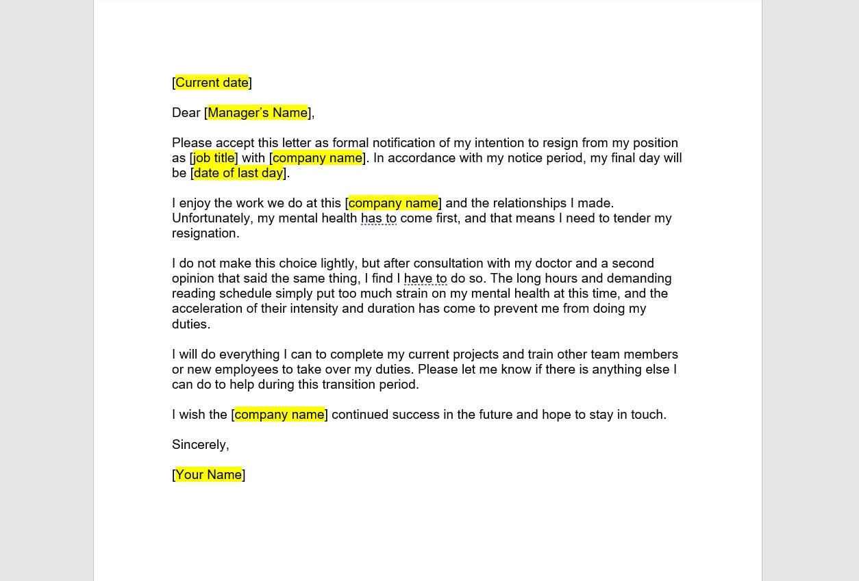 Mental Health Resignation Letter Template, Resignation Letter ...