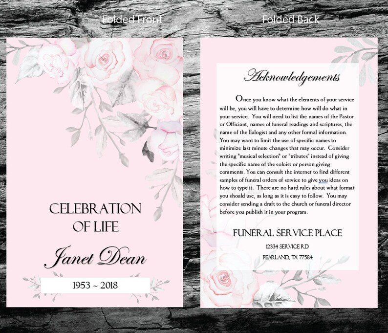 Funeral Program Template Baby Pink Rose Watercolor Greenery - Etsy