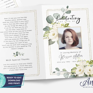 Leaf Funeral Program Template Flowers Digital Funeral Program Editable ...