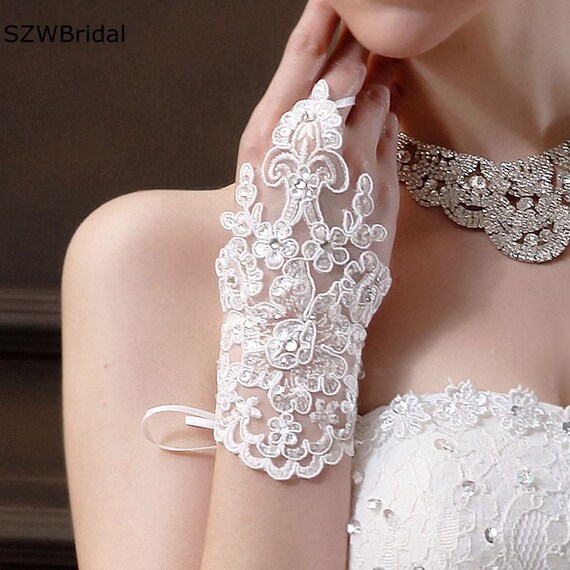 Elegant, Beautiful Lace, Sequin Bridal Gloves, Ri… - image 1