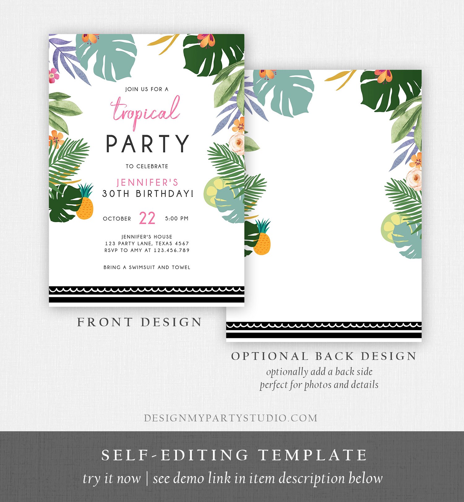 Editable Tropical Birthday Invitation Tropical Party Adult | Etsy