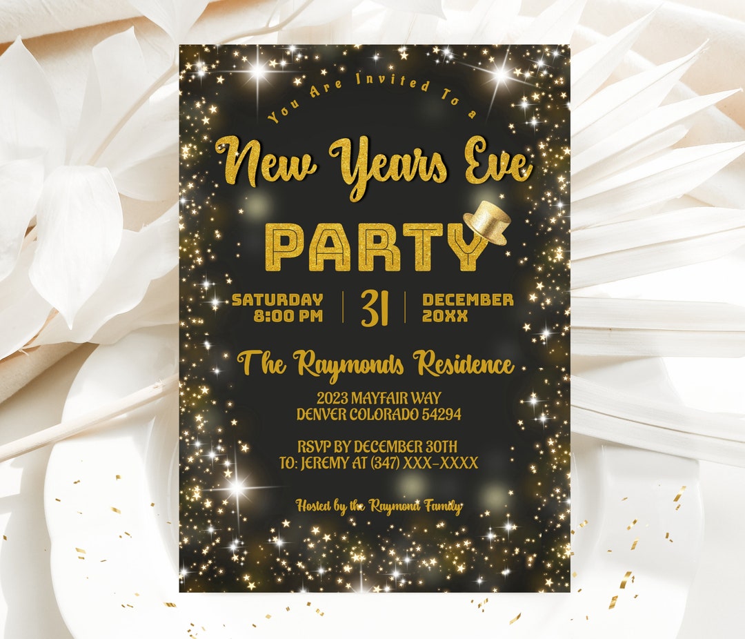 EDITABLE New Year's Eve Party Invitation, Black and Gold Party Invite ...