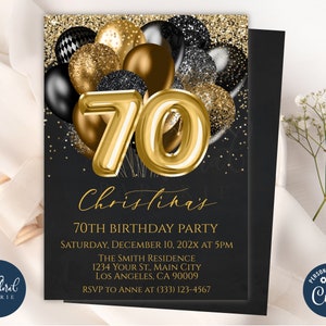 70th Birthday Invitation Template, Editable Black and Gold Birthday ...