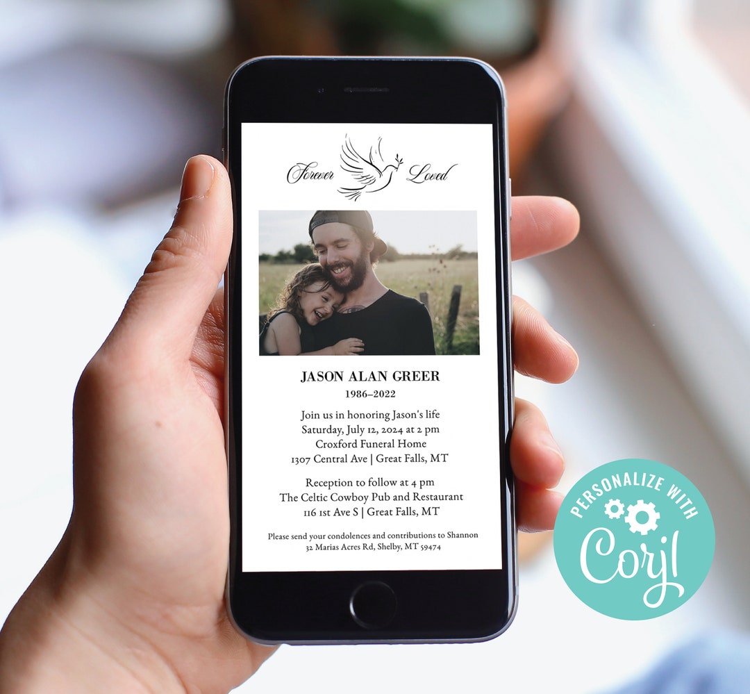 Digital Funeral Invite Phone Memorial Announcement Text Invite Dove - Etsy