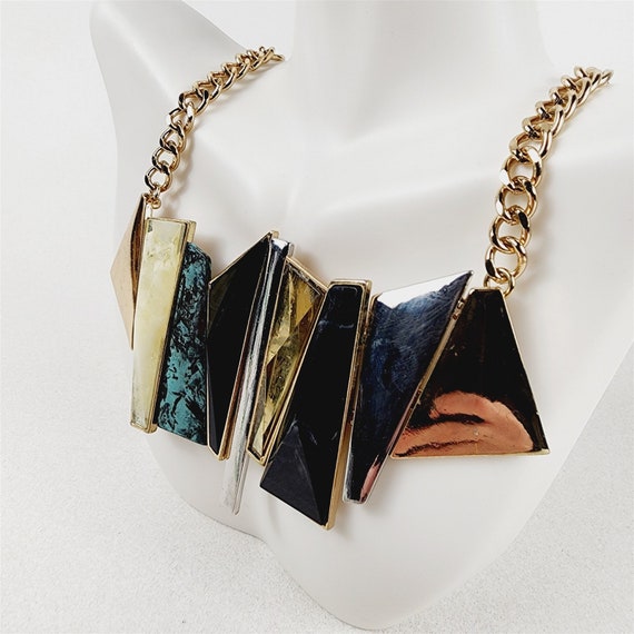 Abstract Geometric Gold Tone Necklace Earrings Fa… - image 4