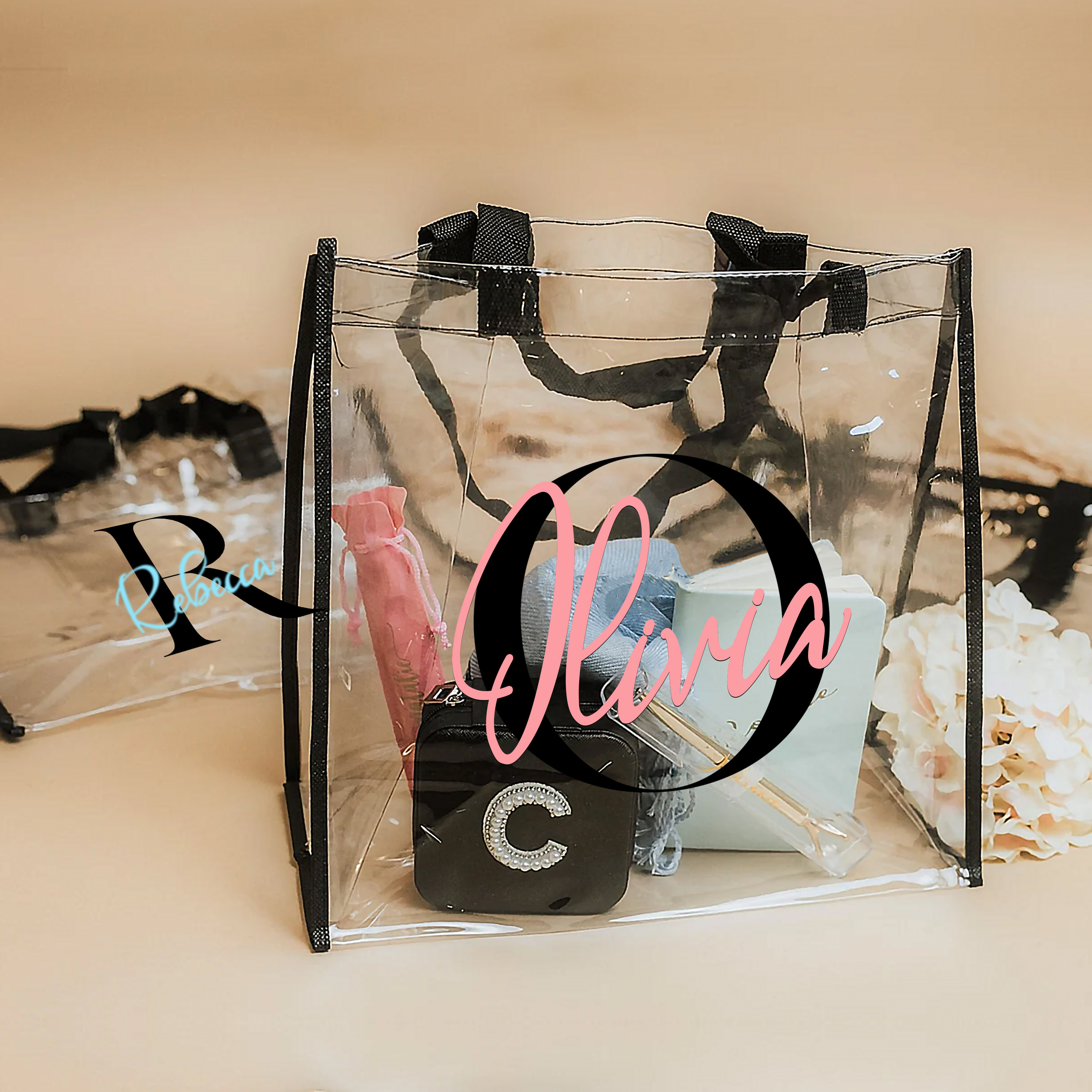 Personalized Initial Clear Tote Bags Customized Stadium Approved Transparent Bag 12x12x6 Waterproof PVC Bag