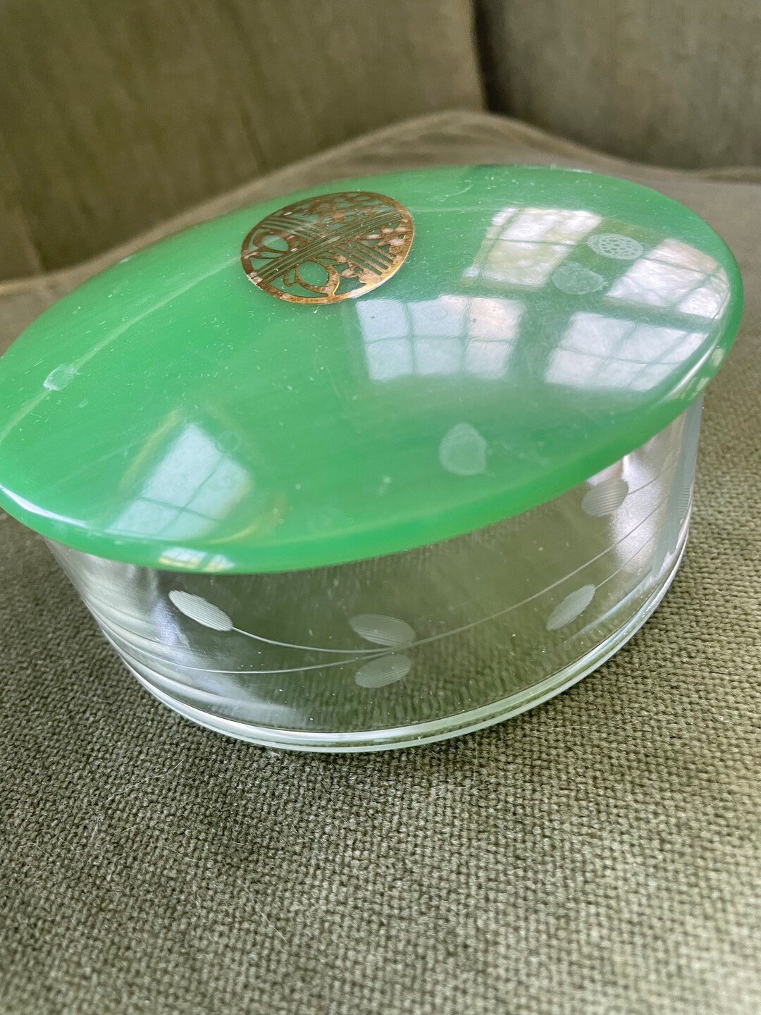 Vintage 1920s Art Deco Etched Glass Dresser Box With Green Celluloid ...