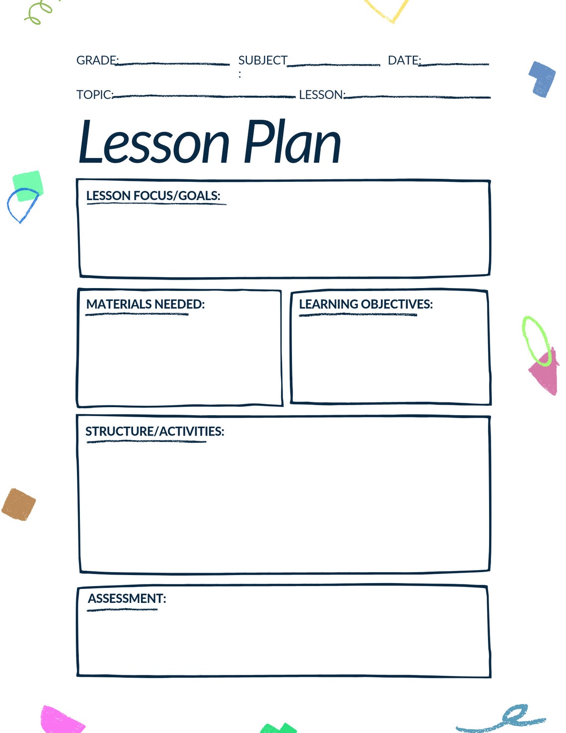 Lesson Plan Printable Downloadable Lesson Planning for | Etsy