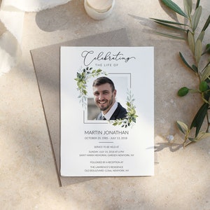 F39 Funeral Invitation for Men Leaves Greenery, Funeral Announcement ...