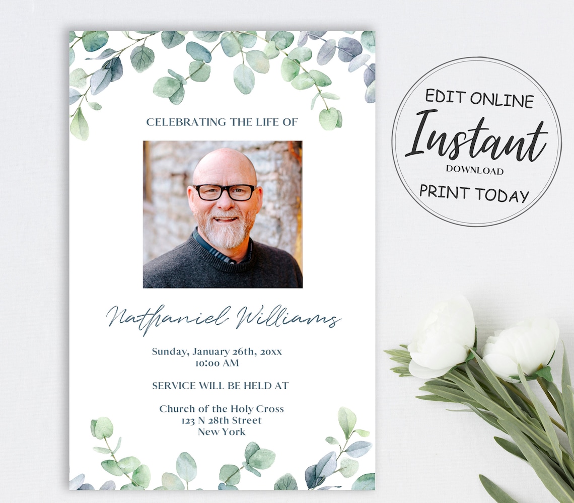 Greenery Funeral Announcement Template Eucalyptus Obituary | Etsy