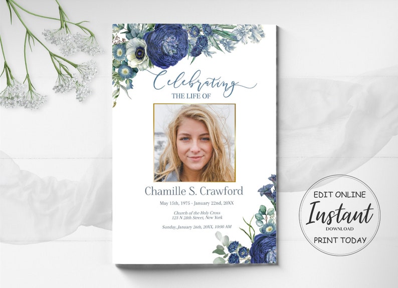 Editable 8 Page Funeral Program Template Blue Roses Theme - Etsy