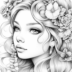 Coloring Page for Adults, Beautiful Girls, Grayscale Coloring Page ...