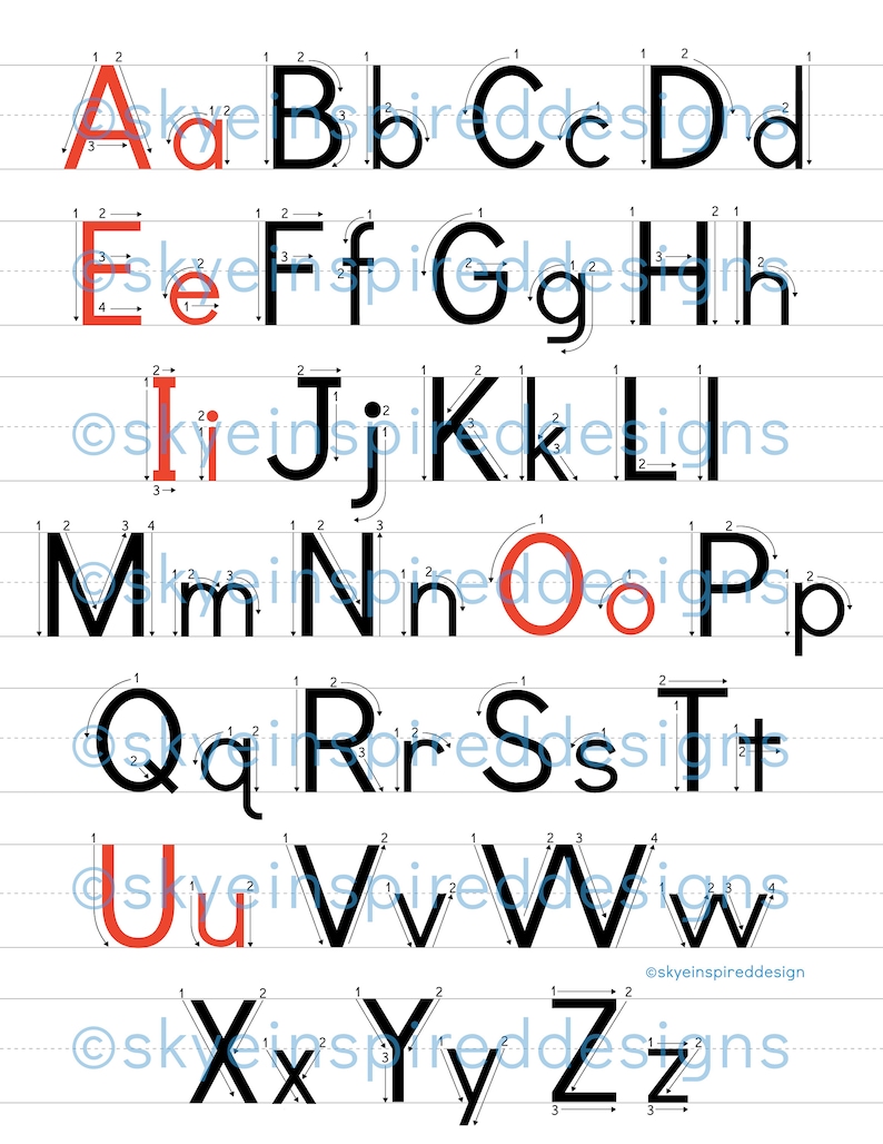 Childrens Handwriting Alphabet Guide With Highlighted Vowels How To