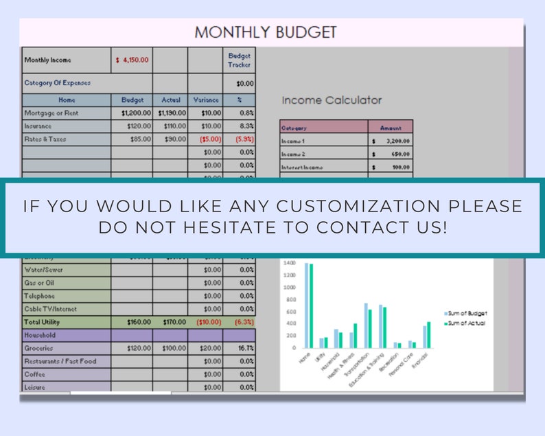 Monthly Budget Excel Spreadsheet With Comparison Chart,personal Budget ...