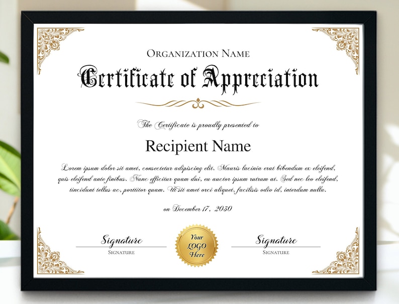 Elegant Gold Certificate of Appreciation Printable 11x8.5 - Etsy