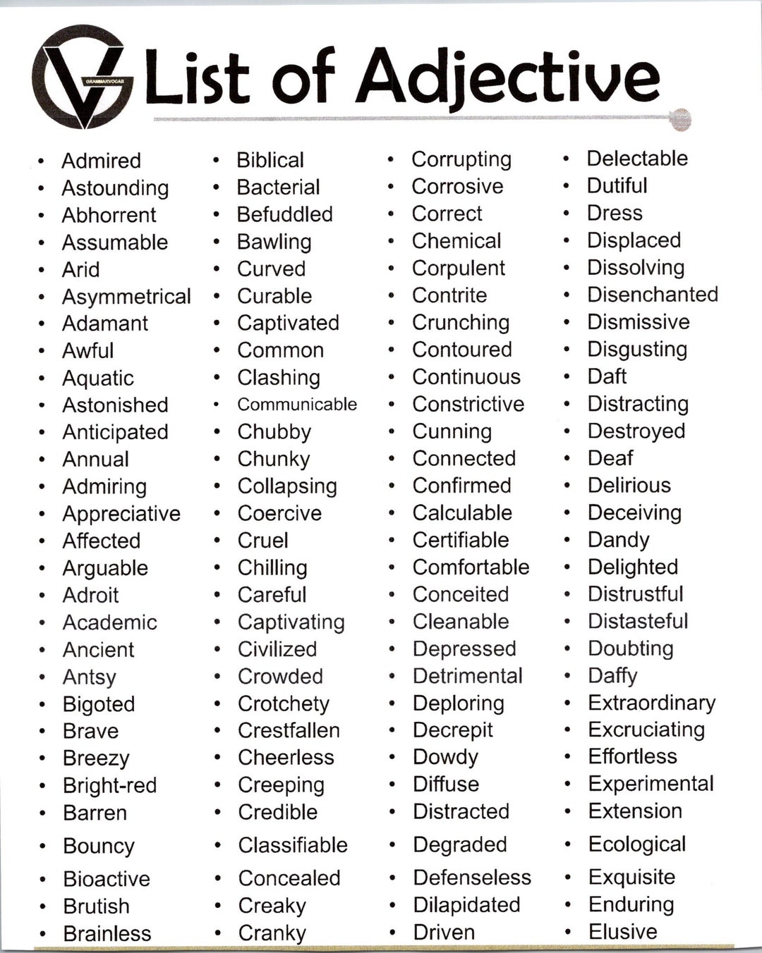 List of Adjectives for Students and Teachers Intermediate Thru Advanced ...